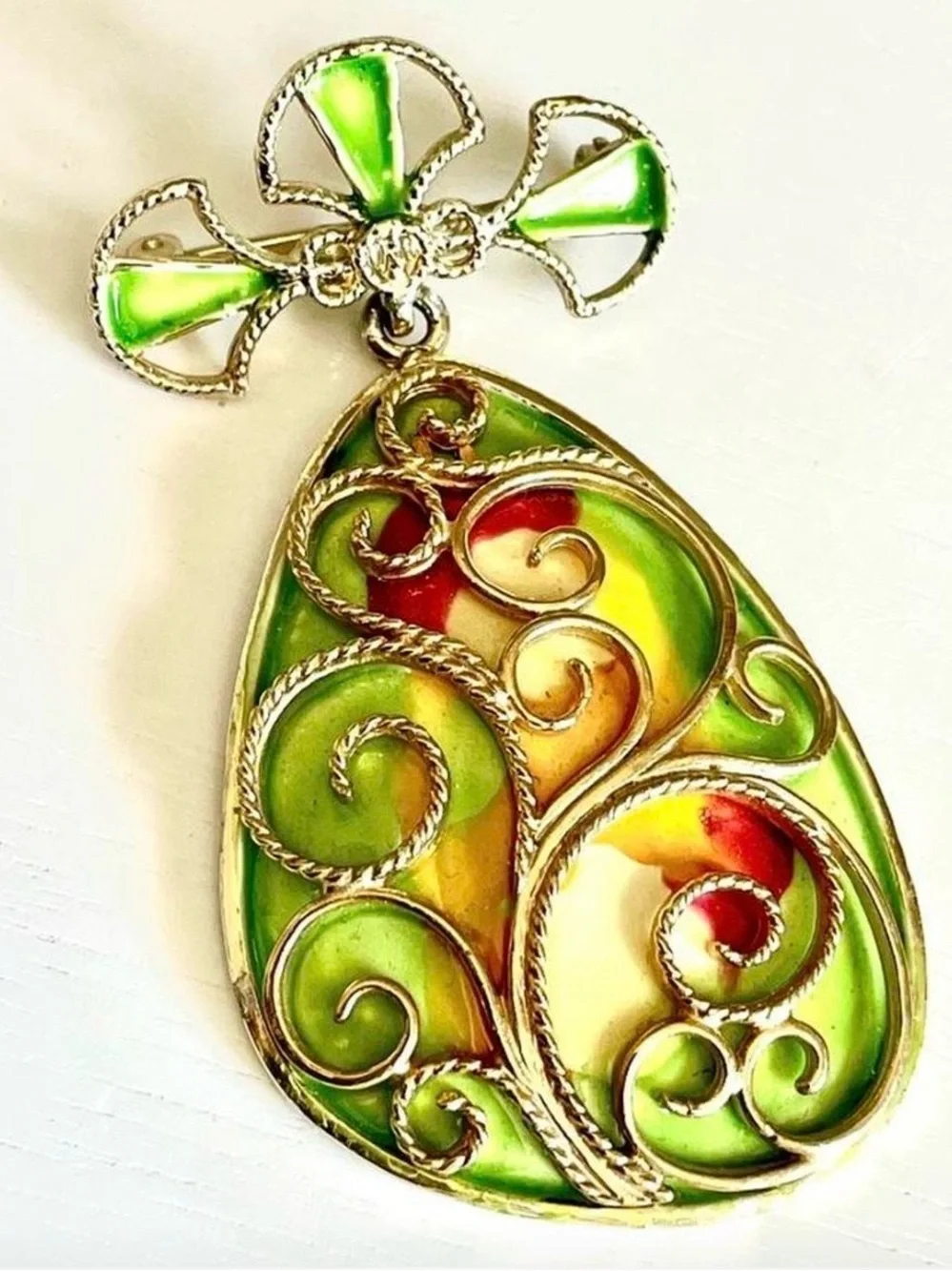Hollycraft 1950s Vintage Enamel Dangle Brooch Pin Green Red Yellow Gold Tone MCM